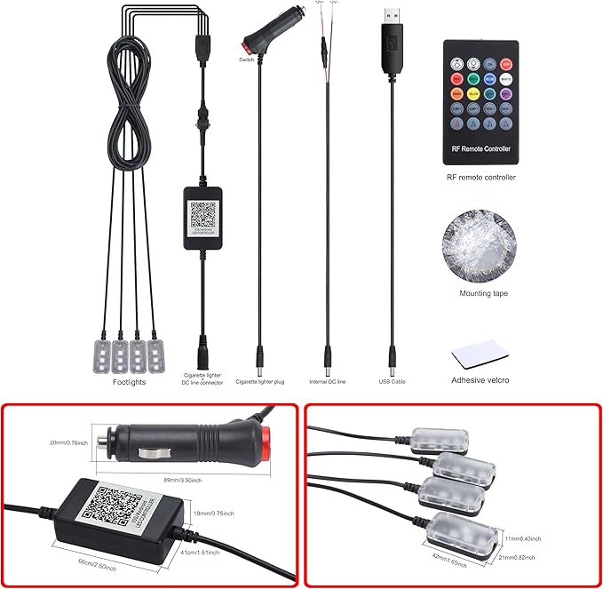 64 Colors Car Ambient Lighting Footwell RF Remote + APP Control Multicoloured Music Car Atmosphere Decorative Lighting Kit 1W DC 12V-24V