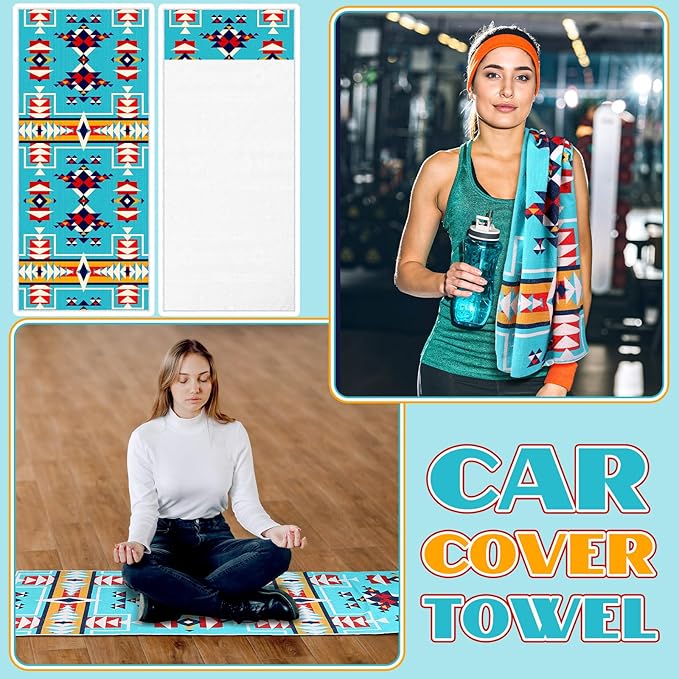 Hahafelt 2 Pack Car Seat Towel Covers Athletic Running Towel Performance Microfiber Post Workout Sweat Washable Cover Non Slip for Seat Outdoor Sport (Navajo Tribal)