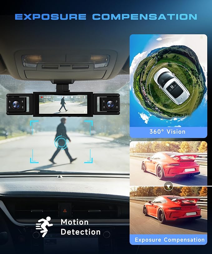 360° Dash Cam 1080P Front+480P Rear Left Right, 4 Channel Dash Cam for Car, 3.16 Inch IPS Dashcams with Night Vision, Loop Recording, Motion Detection, 24/7 Parking Monitor, Reversing Help