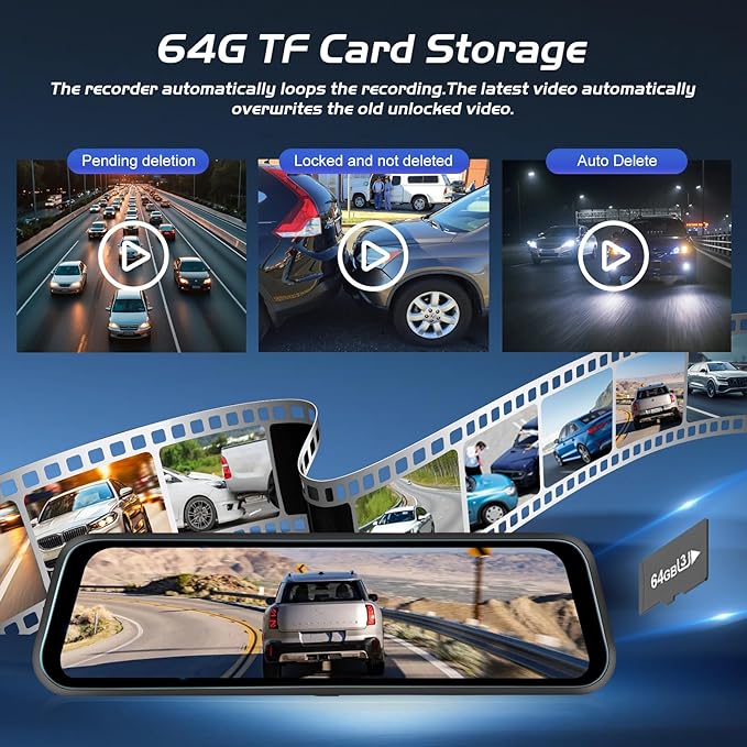 9.66 Inch Rear View Mirror Camera - 4K Mirror Dash Cam Front and Rear with 1080P Rear Camera - Full Touch Screen Mirror Camera for Car with WiFi&APP Control Parking Monitor Night Vision + 64GB Card