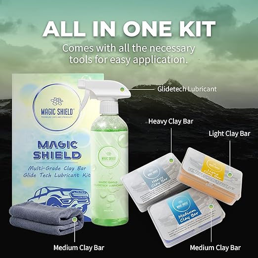 Magic Shield Clay Bar Triple Pack – 100g Light, Medium & Heavy Bars + GlideTech Lubricant Spray | Professional Auto Detailing, Deep Cleaning & Shine Restoration