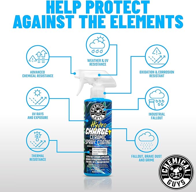 Chemical Guys WAC23016 HydroCharge High-Gloss Hydrophobic SI02 Ceramic Spray Coating, 16 fl oz + MIC_292_02 Microfiber Applicator (2 Pack) + MIC_506_03Premium Microfiber Towels (16"x16") 3 Pack