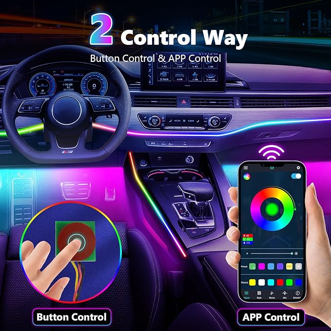 AMKI Dreamcolor Acrylic Interior LED Strip Light, Neon Light with Wireless APP Control, 10 in 1 Sub-Control Ambient Light Kit Accessories with DIY and Music Mode, 16 Million Colors