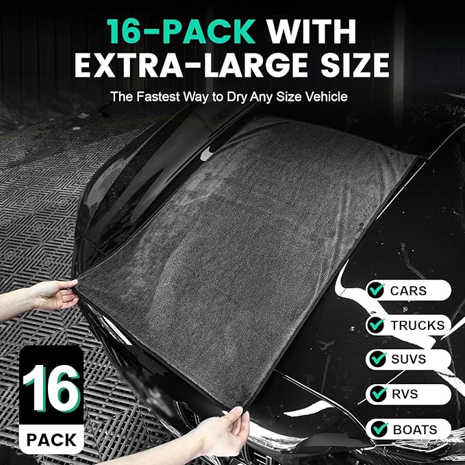 TEAWOO 16-Pack Bulk Microfiber Towels for Cars, Super Absorbent Car Drying Towel, Extra Large Car Towel (600GSM, 24" x 35")