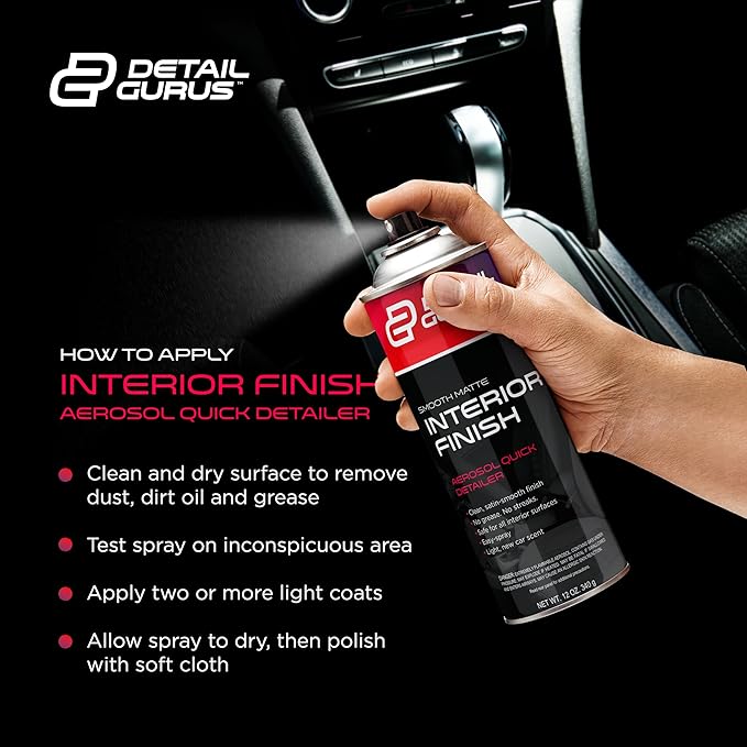 Detail Gurus Automotive Matte Interior Quick Detailer – Aerosol Spray for Smooth Matte Finishes – Streak-Free, Non-Greasy Cleaner with Light New Car Scent – Dash, Trim & Panels – 12oz Can