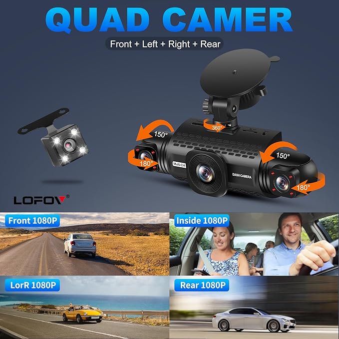 360° 4 Channel Dash Cam Front and Rear Inside Left Right, LOFOV Dash Camera for Cars FHD 4 * 1080P, Free 64GB Card Black Box Trafflc Recorder, G-Sensor, Night Vision,24H Parking Mode