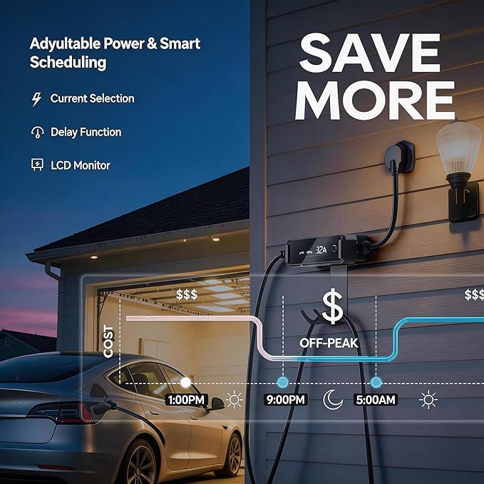 Level 2 EV Portable Charger for Tesla, 32A 240V ETL Certificated,NEMA 14-50,NACS Connector, 25FT Cable, Adjustable 16A-32A, LCD Display, Plug-and-Play Fast Charging Station for Home/Outdoor