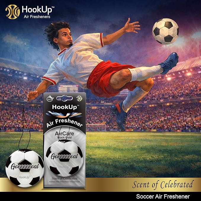 Soccer Car Air Freshener by HookUp - 2 Pack - Black Gold Scent (Extra Strong) | Unique Soccer Gift for Players, Coach, Fans | Hanging Car Accessory with Long Lasting Fresheners Smell