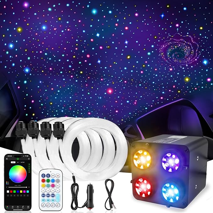 600PCS 32W Meteor Starlight Headliner Kit,4 Light Colors Twinkle Fiber Optic Star Ceiling Lights,0.03in*13.1ft/4m, App/Remote Control Rgbw Shooting Star Headliner Kit Car Roof Home Ceiling