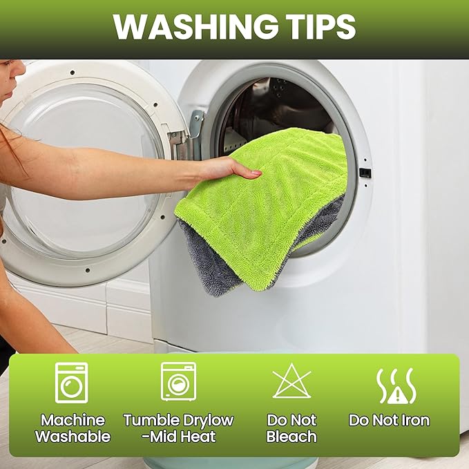 2 Pack Car Drying Towels – 1200GSM Ultra Absorbent Microfiber, 35"x24" & 16"x16", Lint-Free & Streak with Car Wash Mitt & Dual-Head Duster Brush for Auto Detailing, Car, SUV, Truck (Gray-Green)