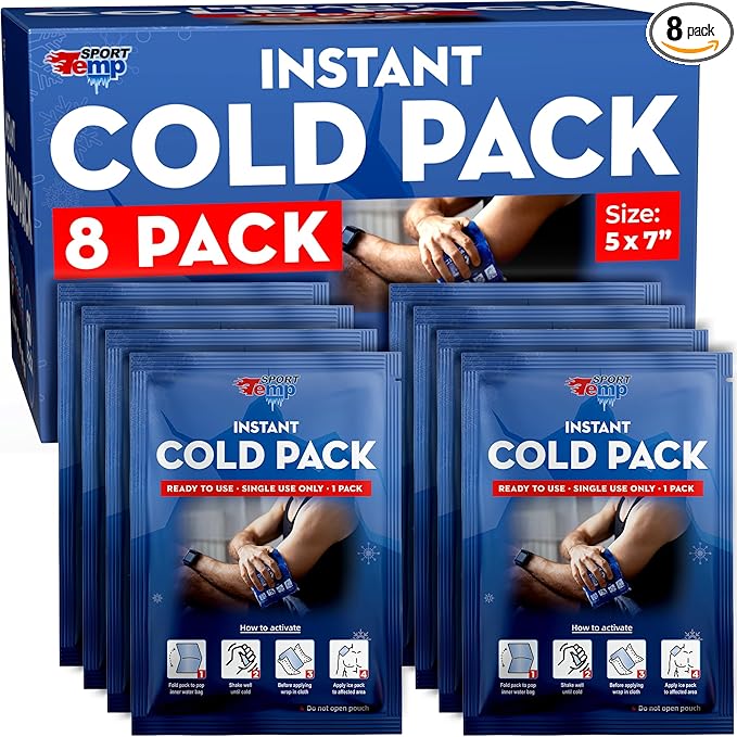 Sport Temp Instant Ice Cold Packs (7”x 5”) Disposable Ice Packs for Pain Relief, Swelling, Injuries, Toothaches, and Sprains – Cold Therapy for Athletes, First Aid, Travel & Outdoor Use (8 Pack)