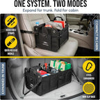 2-Section Trunk Organizer Foldable Car Storage Bin – Compact Dual-Compartment Auto Organizer with Cover Net, Non-Slip Pads, Heavy Duty Oxford 1680D – Black