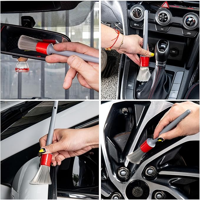 Detailing Brush Set - 5 Different Sizes Premium Natural Boar Hair Mixed Fiber Plastic Handle Automotive Detail Brushes for Cleaning Wheels, Engine, Interior, Air Vents, Car, Motorcy Grey