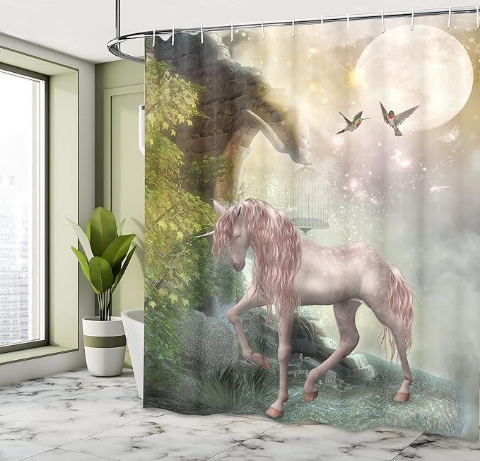 Ambesonne Hummingbirds Shower Curtain, Unicorn Green Spring Leaves Birds Twinkling Star Moon Mystic Fantasy, Cloth Fabric Bathroom Decor Set with Hooks, 69" W x 70" L, Dark Eggshell Fern Green