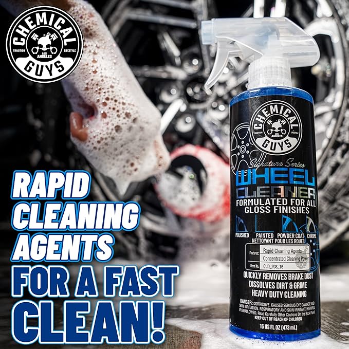 Chemical Guys CLD_203 Signature Series Wheel Cleaner, 128 fl oz + ACC_B01 Gerbil Wheel & Rim Brush (for Exhaust, Tires, Rims, Engine Bays, & More) + ACCG08 Wheelie All Exterior & Wheel Brush