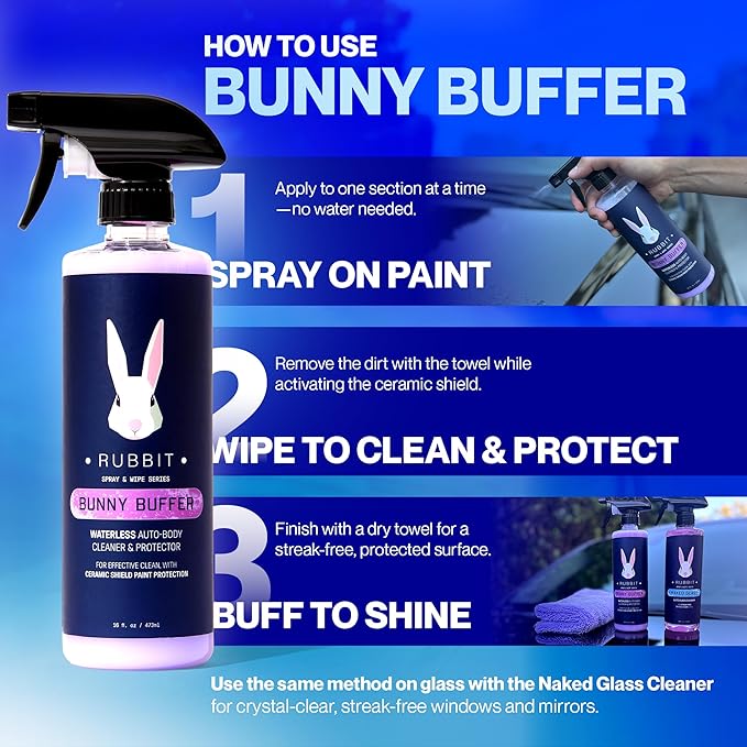 Bunny Buffer Bundle, Waterless SiO2 Ceramic Car Wash & Protect Kit with Auto Body Clean and Protect Spray, Glass Cleaner, & 4 Microfiber Towels, Spray and Wipe Car Detailing Kit, 6 Piece Set