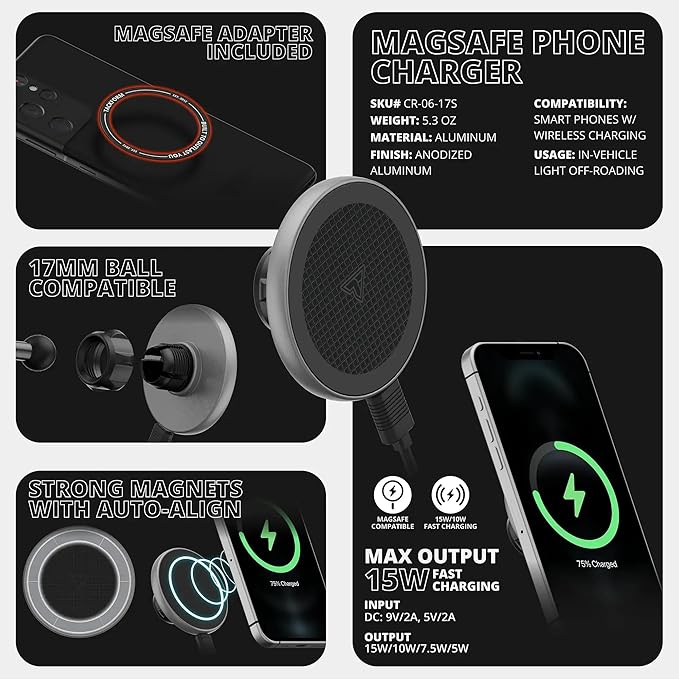 Tackform Link Vent Mount Magnetic Wireless Charging Phone Holder - Compatible with MagSafe, 2018-2023 Jeep Wrangler JL, 4XE, and Gladiator JT | CNC Billet Aluminum Bracket, Zero Slip | Short Reach