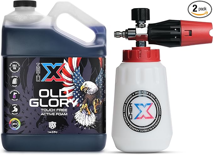Chem-X: Old Glory: Touch Free Active Foam Vehicle Wash Foam Cannon Kit - 1g - Single-Step Touchless Wash - Removes Grime, Grease, and Road Film - Safe on Paint, Glass, Plastics, Wheels, and MORE!