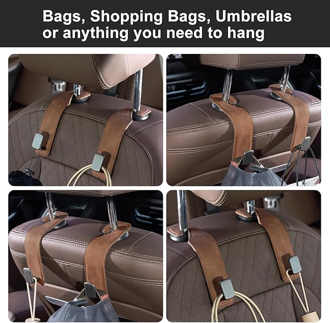 CoBak Headrest Hooks for Car - Universal Premium Stitched Leather and Aluminum-Magnesium Alloy Single Car Seat Back Storage Hook for Purses, Handbags, Bags (2 Pack),Brown
