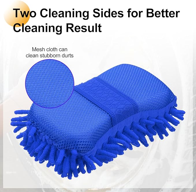 HARFINGTON Car Wash Sponge 8.7" x 4.3" Chenille Microfiber Mitt Scratch-Free Absorbent Scour Scrubber Cleaning Sponge for Washing Detailing on Cars, Trucks, SUV, Boats, RVs, Dark Blue