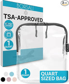 BORSALI TSA Approved Toiletry Bag - Clear Quart Size for 3-1-1 LIquids for Carry On Travel - Toiletries Organizer - Cosmetic Pouch with Zipper - Travel Accessories - Gray