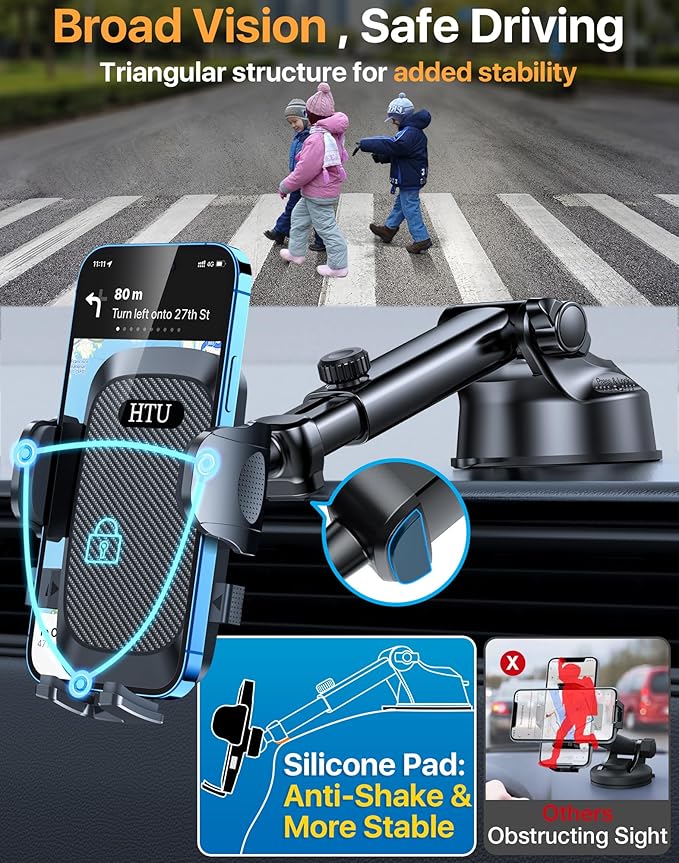 HTU 2026 Ultimate Best【True Military-Grade & Safety Cert】 Universal Cell Phone Holder Truck Car Mount for Dashboard Windshield Air Vent for iPhone 17 16 Pro Max 15 Samsung 2pcs,Black