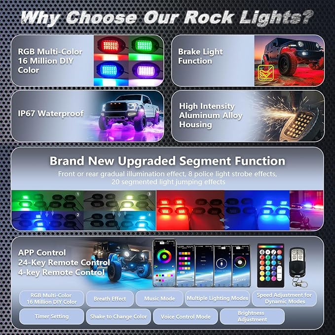 16Pods Heavy Duty Aluminum RGB LED Rock Lights for Trucks Pickup Jeep Gladiator Off-Road with APP/RF Remote, Segmented IP67 Waterproof Multicolor Underglow Accent Light 12V Plug and Play&Pre Wired