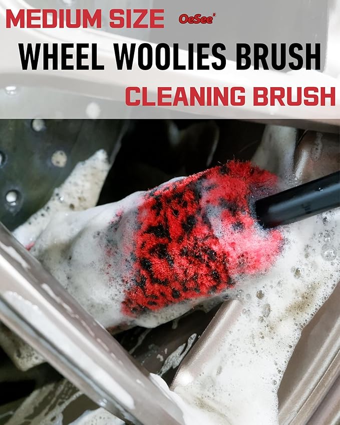 oesee Professional 4 Pack Long Handle Wheel Brush Kit for Cleaning Wheel and Tire- 2X Soft Wheel Cleaning Brush, Detailing Brush and Stiff Tire Brush, Bendable& Durable Wheel Rim Cleaner Brush Set