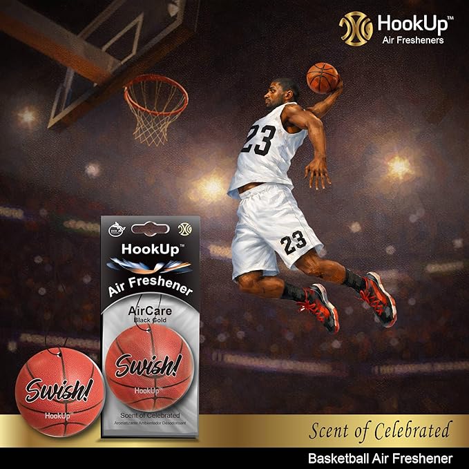 Basketball Car Air Freshener by HookUp - 2 Pack - Black Gold Scent (Extra Strong) | Unique Basketball Gift for Players, Coach, Fans | Hanging Car Accessory with Long Lasting Fresheners Smell