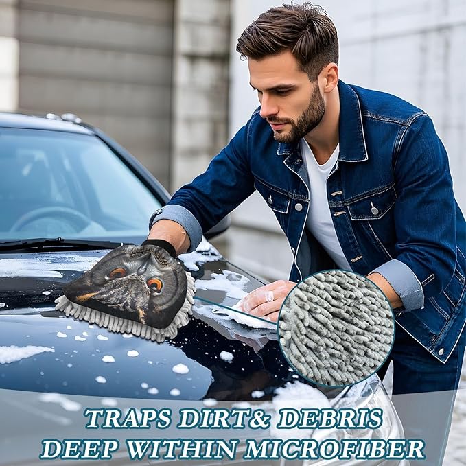 YETTASBIN Owl 2PCS Car Wash Mitts, Ultra Absorbent Chenille Microfiber Car Washing Gloves, Scratch-Free Lint-Free Auto Cleaning Mitt, Machine Washable Elastic Cuff Car Wash Sponge