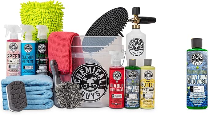Chemical Guys CWS_110FC 16-Piece Arsenal Builder Carwash Kit, Foam Cannon, Bucket (6) 16 oz Car Care Cleaning Chemicals (Works w/Pressure Washers) with Honeydew Snow Foam Car Wash Soap, 16 oz