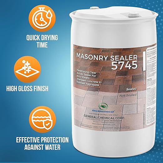 DeckGeneral High Gloss Masonry Sealer 5745 - Heavy Duty Outdoor Concrete Sealer - Multi-Purpose Acrylic-Based Waterproof Coating for Bricks, Mortar, Patio, Stairs, Walls, Pavement Etc. - 55 Gallon
