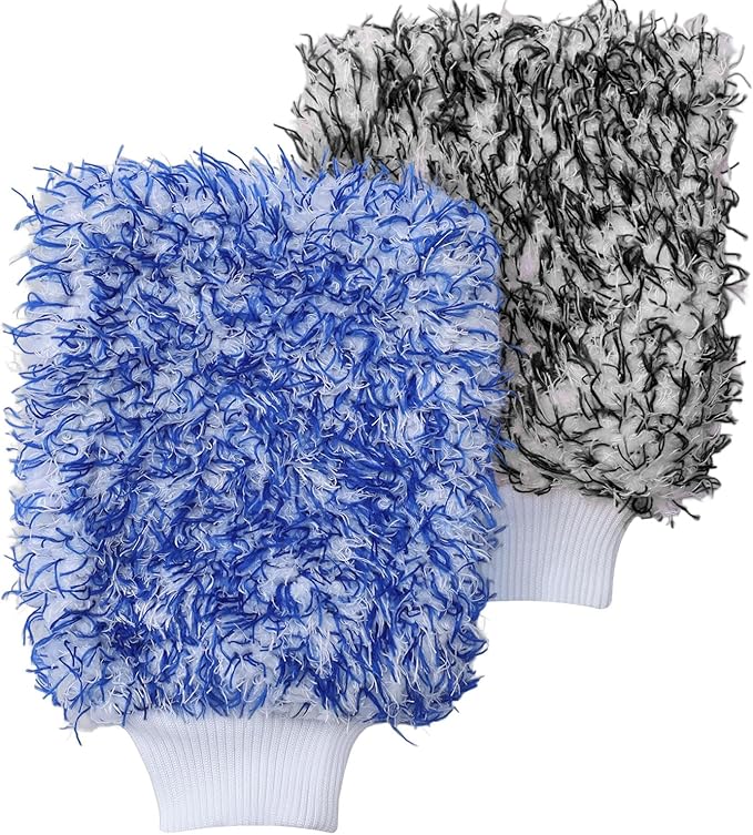 Microfiber Car Wash Mitts, 2Pack Premium Scratch-Free Car Wash Gloves with Thick Elastic Cuff for Auto Detailing, Cars, Trucks, SUVs, Boats (Blue & Black)