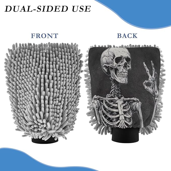 YETTASBIN Skeleton 2PCS Car Wash Mitts, Ultra Absorbent Chenille Microfiber Car Washing Gloves, Scratch-Free Lint-Free Auto Cleaning Mitt, Machine Washable Elastic Cuff Car Wash Sponge