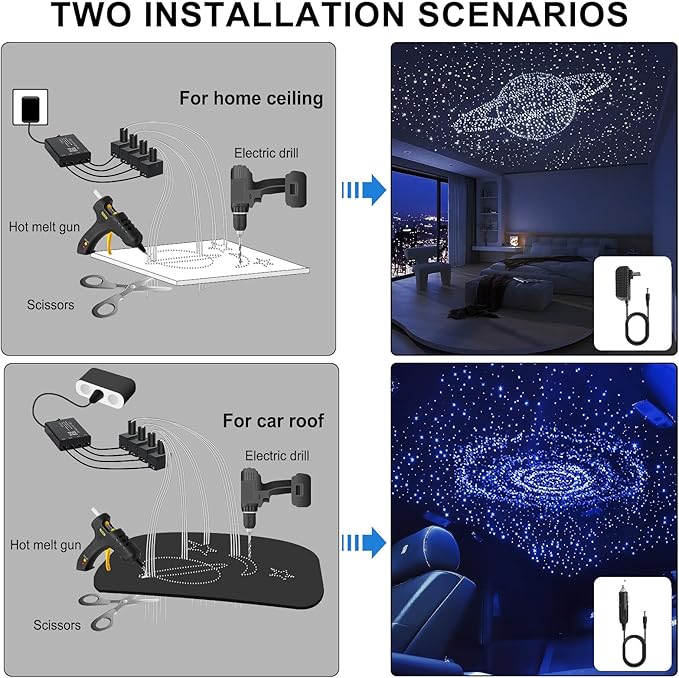 Split 4 Colors 12W Car Starlight Headliner Slim Kit 1200pcs*0.02in*9.8ft with APP&RF Remote,RGBW Fiber Optic Starlight Kit,4 Port Engine Sound Activated Star Lights for Ceiling Car Roof/Home Decor