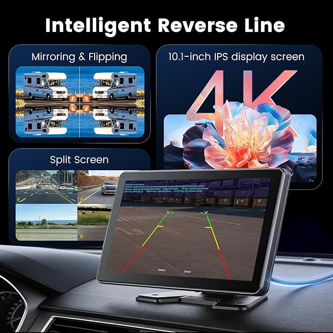Hodozzy 4 Channel Backup Camera Monitor System, 10.1 Inch 4 Split Reversing Monitor, Night Vision, IP68 Waterproof, BSD, Parking Monitoring, Hard-Wired Backup Camera for Trucks/Bus/Trailer/RV/Pickup
