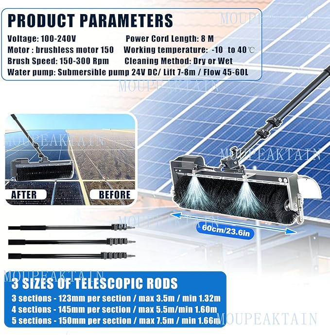 Electric Solar Panel Cleaning Brush with Pole - 350rpm Motor, 23.6" Brush Head, Dry/Wet Cleaning Modes - Water Fed Pole System for Solar Panels, Fleet Vehicles & Exterior Walls 5.5m