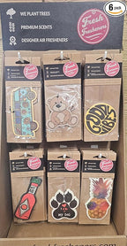 Generic Fresh Fresheners - Designer Air Fresheners 6pk You'll receive a mix of 3-4 random scents from: Black Diamond, Ocean Breeze, Green Tea, Jasmine, Vanilla, and Passion Fruit