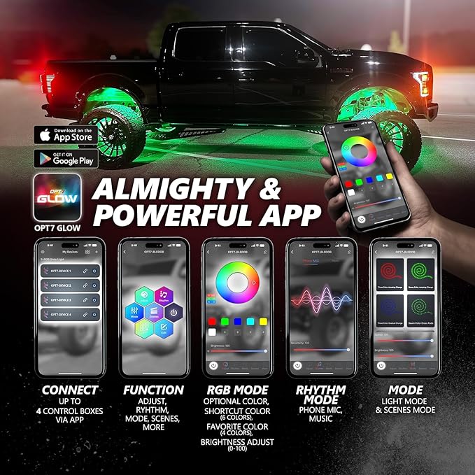 OPT7 Photon RGB LED Magnetic Rock Lights w/Bluetooth APP & Remote - 4 Pods Aluminum Frame Wide Angle Underglow Kit, IP68 Waterproof for Offroad Jeep SUV ATV UTV - Truck Decorations