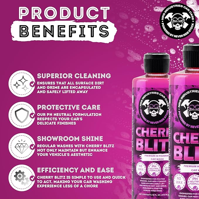 16oz Cherry Blitz Foaming Car Wash Soap | pH-Neutral Shampoo for Foam Cannons, Buckets & Pressure Washers | Safe for Ceramic & Waxed Finishes | Spot-Free Shine for Cars & Trucks