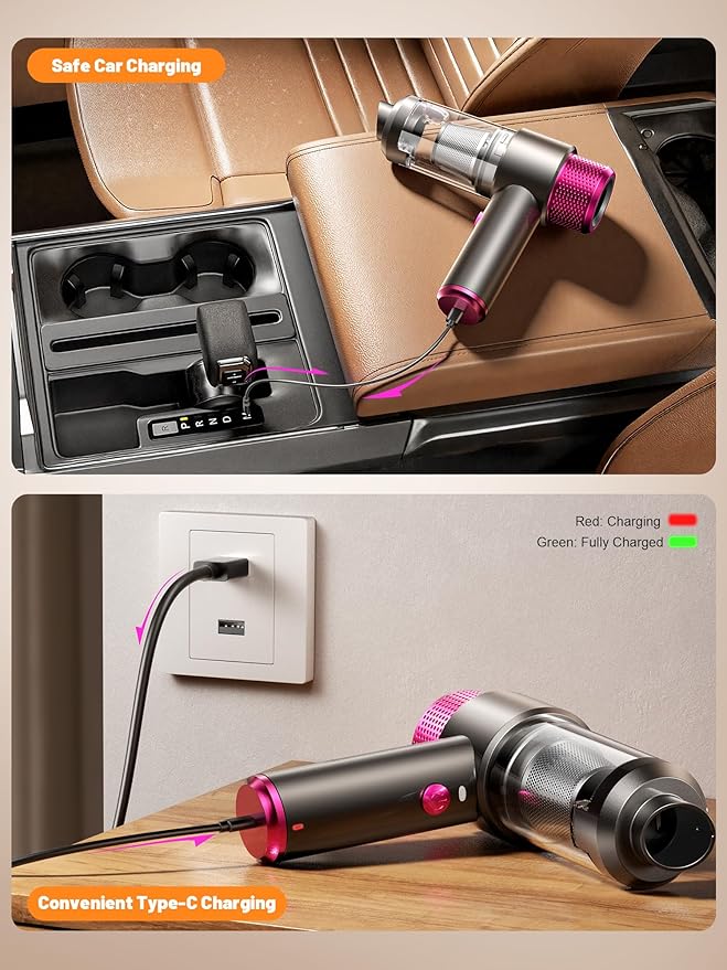 DRFLASH Car Vacuum, 16000PA Strong Suction Handheld Vacuum Cordless, 6-in-1 Portable Mini Car Vacuum Cleaner with LED Light, Type-C Fast Charging, Small Handheld Vac for Car Interior, Pet Hair, Home