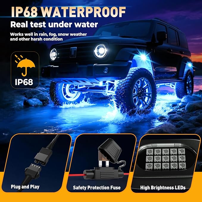 Honalia LED Rock Lights for Trucks 6 pods, RGB Truck Rock Lights with Bluetooth Control, Neon Light Kits for ATV UTV Golf Cart RZR