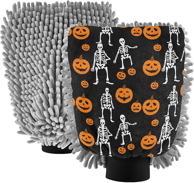 Qilmy Skeleton Pumpkins Microfiber Chenille Car Wash Sponge Scratch Free Car Wash Mitt Absorbent Mitt Sponge for Trucks SUVs Car Washing Home Cleaning, Large