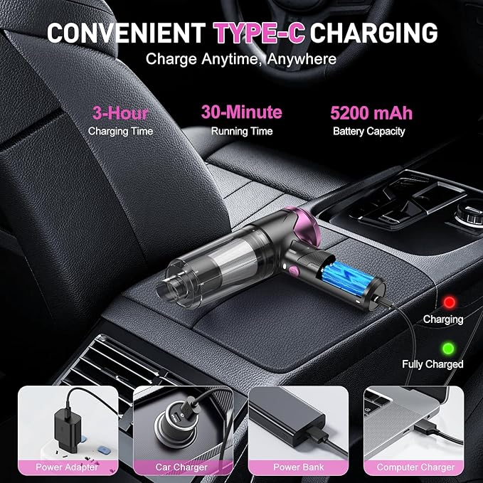 KMM Handheld Car Vacuum Cleaner, 10000PA Vacuum Cleaner & Air Duster, 120W High Power Vacuum Portable Cordless, Hand Held Vacuum Rechargeable with Multi-Nozzles & LED Light for Home, Car, Office