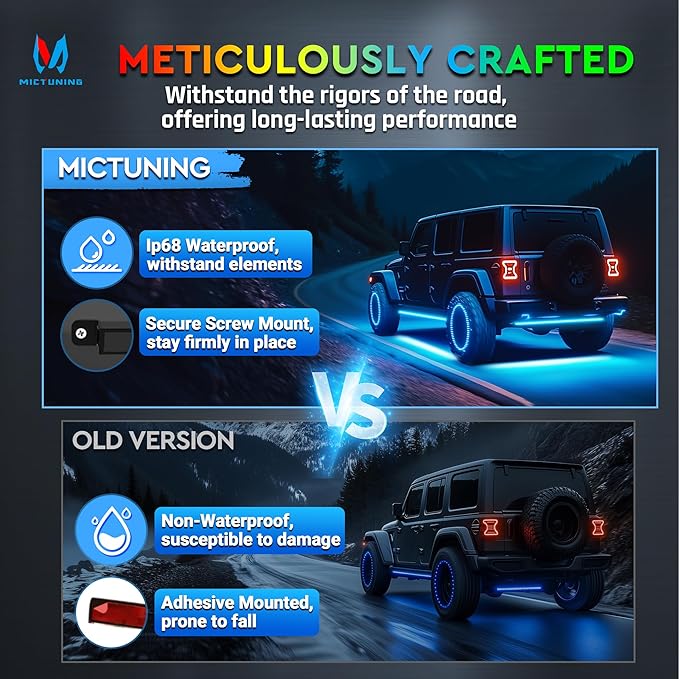 MICTUNING 8Pcs N8+ RGBW Underglow LED Lights for Cars, APP & Remote Dual Control, IP68 Waterproof Aluminum Multicolor Modes Music Soundsync Exterior Neon Accent Car Underglow Kit, 2 Years Warranty