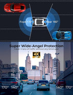 4K Dash Cam Front and Rear, 64GB Card Included, 4K+1080P Dual Dash Camera for Cars with WiFi App, Super Capacitor, WDR Night Vision, 3" IPS Screen, 170° Wide Angle, 24H Parking Mode, G-Sensor