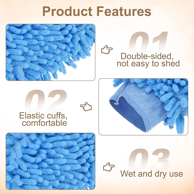 HARFINGTON 2pcs Chenille Microfiber Car Wash Mitts 9.8" x 7.9" Scratch Free Wash Gloves Absorbent Double Sided Plush Cleaning Drying Mitts for Car Washing Home Light Blue