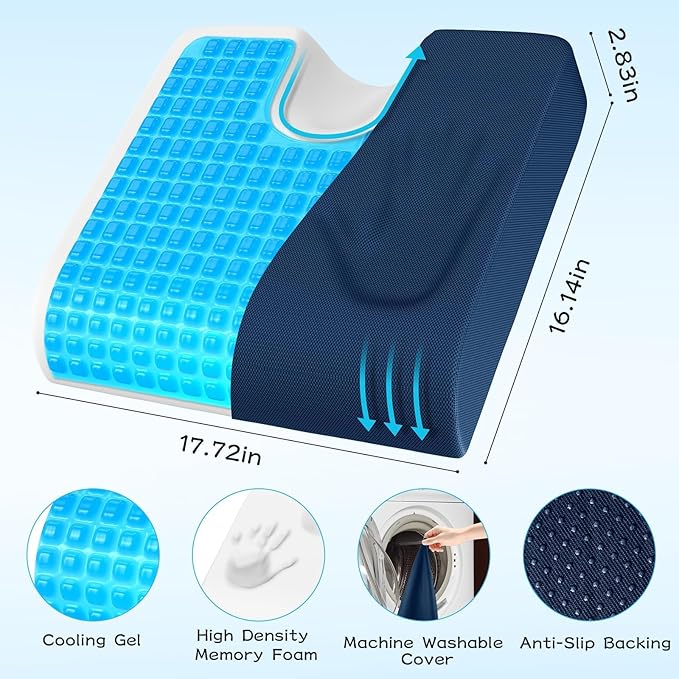 TranquilMoments U-Shaped Gel Memory Foam Seat Cushion, Wheelchair Cushion with Cooling Gel, Ergonomic Coccyx Cushion for Office Chair & Car,Relieve Tailbone Pain, Sciatica, Back Pain, Non-Slip Bottom
