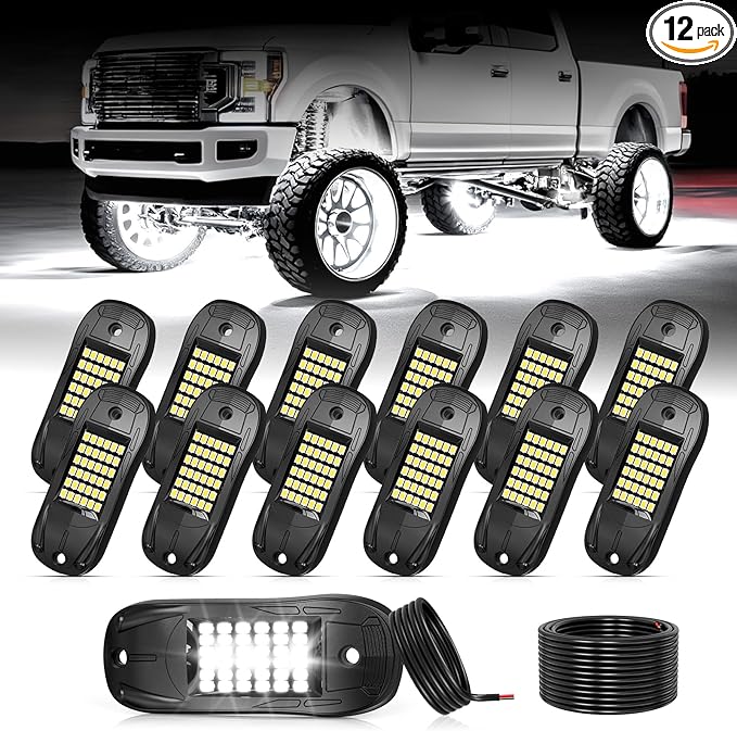 12 Pods 6500k White Rock Lights, IP68 Waterproof 36 LEDs SMD Chips Underglow Kit for Truck Pickup SUV UTV ATV RZR Car Boats