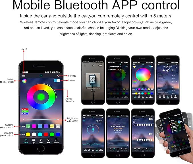Car Interior Ambient Lighting Optic Fiber RGB 64 Colors Multicoloured Music Car Footwell Lighting Kit with Cigarette Lighter and App Microphone, DC 12V-24V 1W 6m